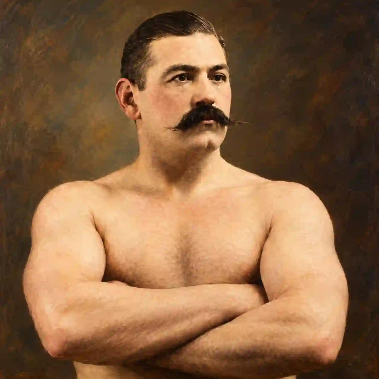 John L. Sullivan with a moustache and bare arms folded