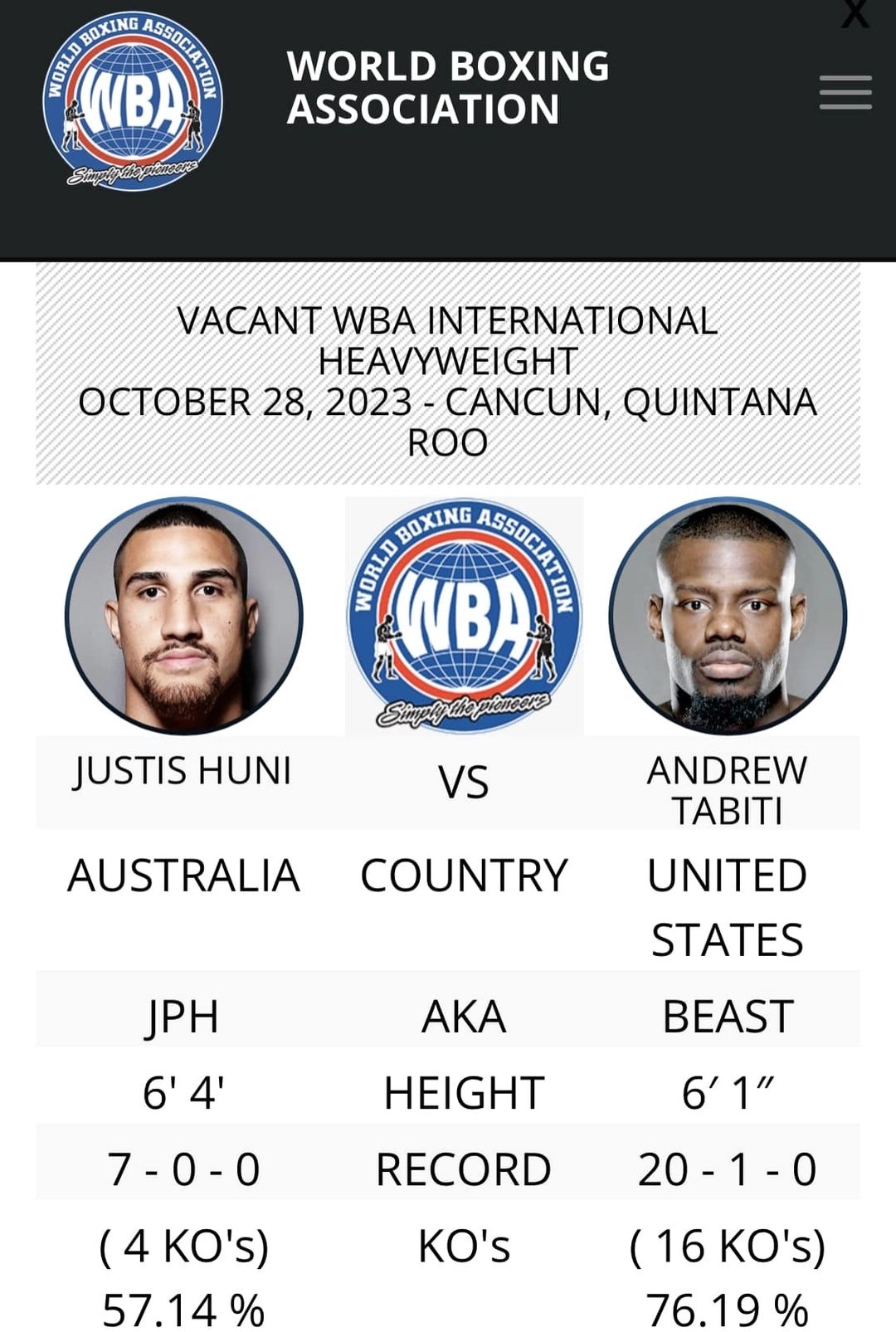 Historical Justis Huni versus Andrew Tabiti event image.