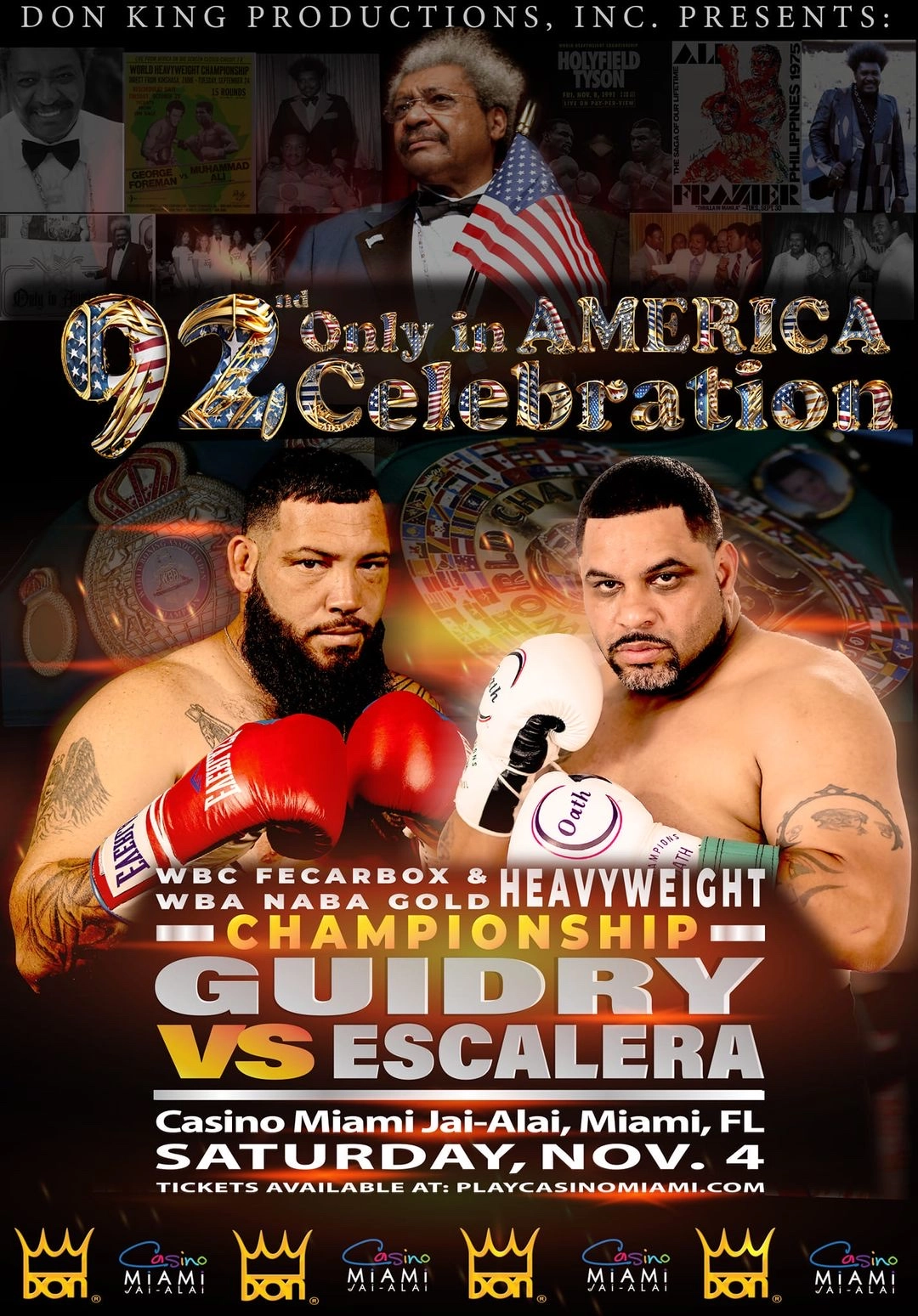 Historical Only in America 92 event poster showing Jonathan Guidry and Jesus Escalera for November 4, 2023, at Casino Miami Jai Alai.