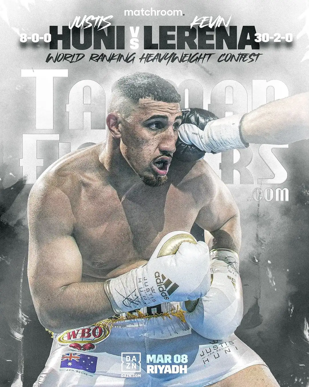 Historical Justis Huni versus Kevin Lerena poster featuring Huni for March 8, 2024 in Riyadh