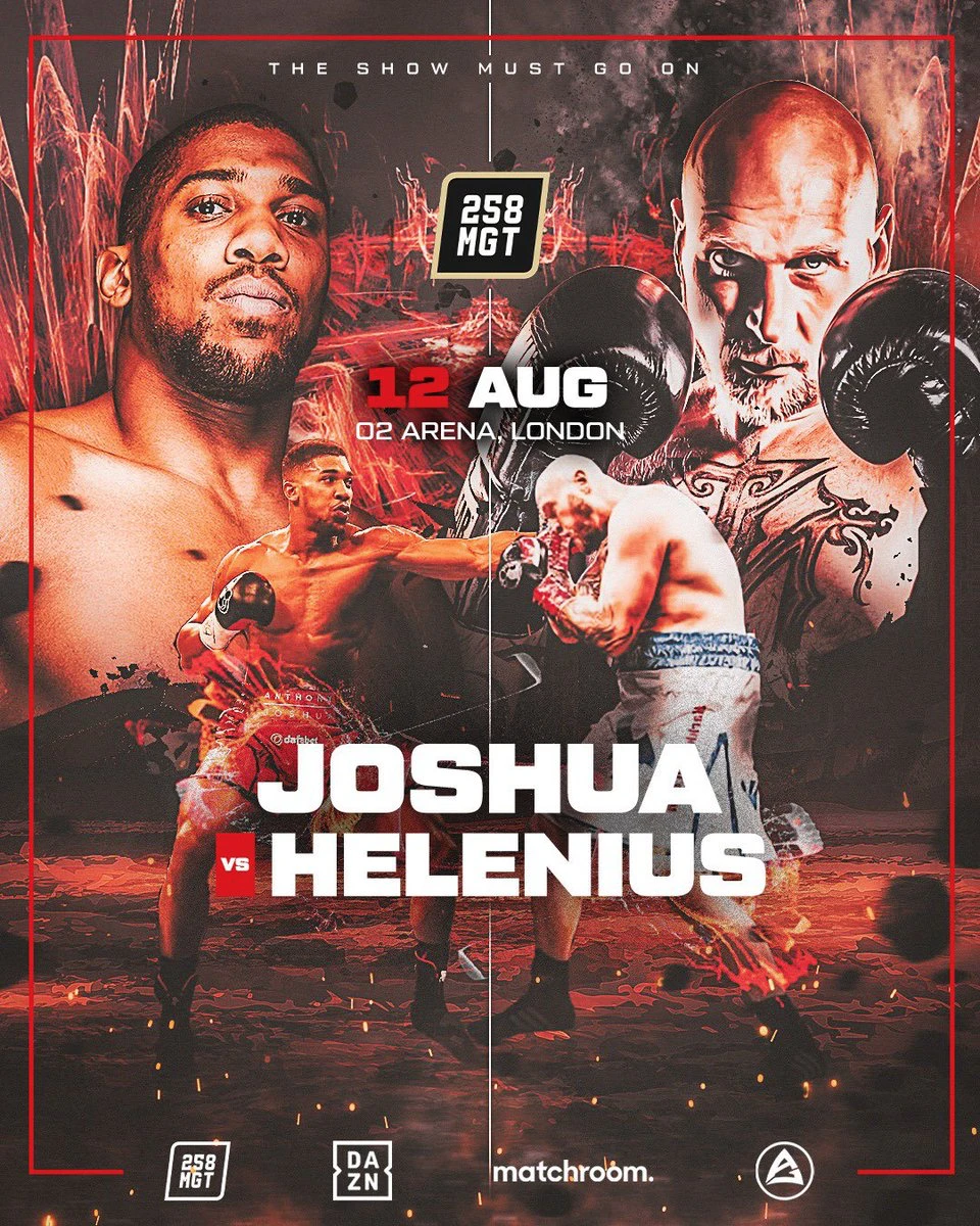 Anthony Joshua and Robert Helenius fight poster for August 12 at The O2 Arena in London, with portraits and boxing-action images of both fighters.