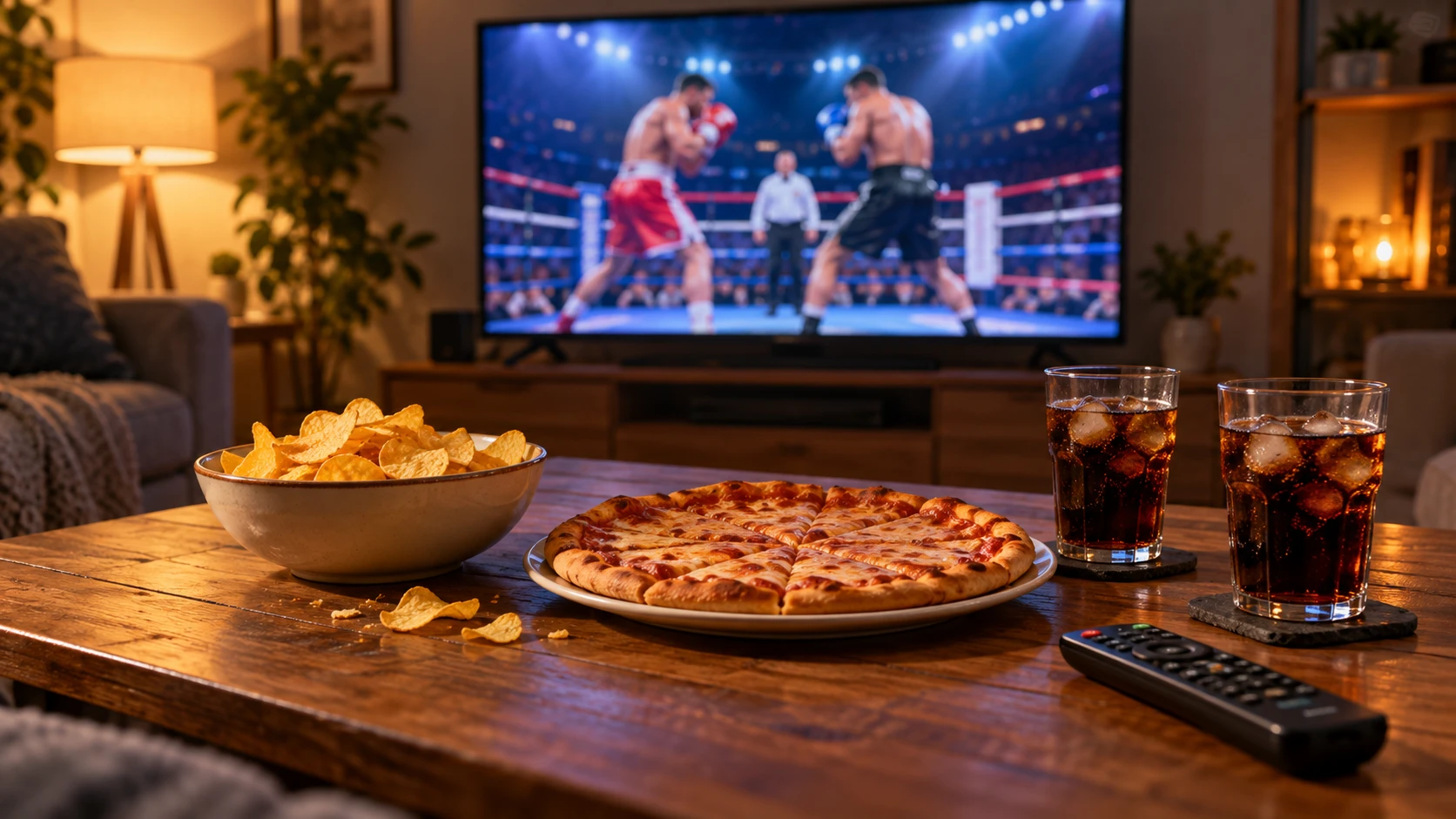 Illustration of pizza, crisps and soft drinks prepared for a boxing night.