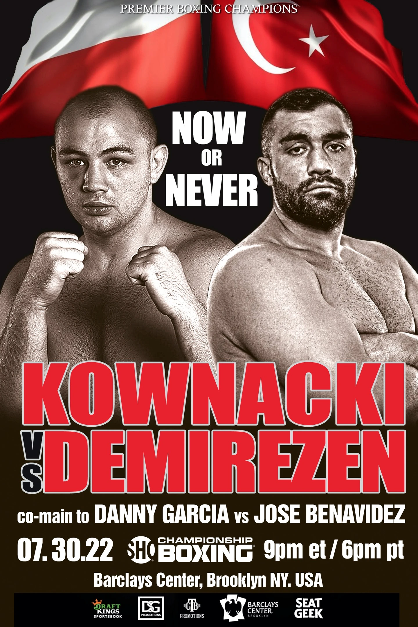 Kownacki-Demirezen poster showing Adam Kownacki and Ali Eren Demirezen for July 30, 2022 at Barclays Center, Brooklyn, with Now or Never displayed.