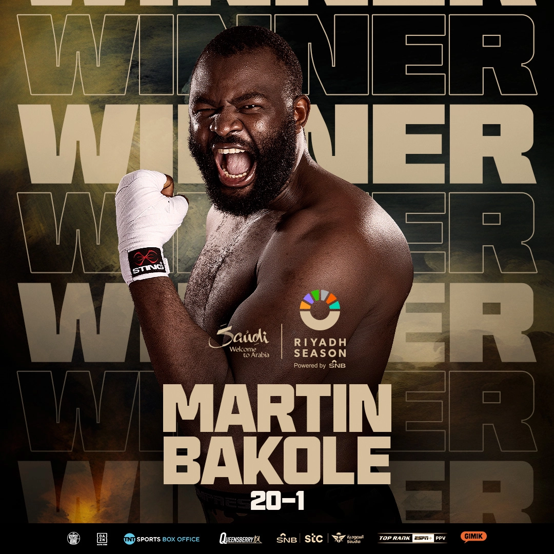 Martin Bakole raising a wrapped fist in a winner graphic displaying his name and 20-1.
