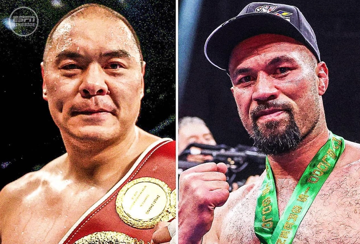 Split photograph of Zhilei Zhang on the left with a championship belt and Joseph Parker on the right wearing a cap and raising a fist.