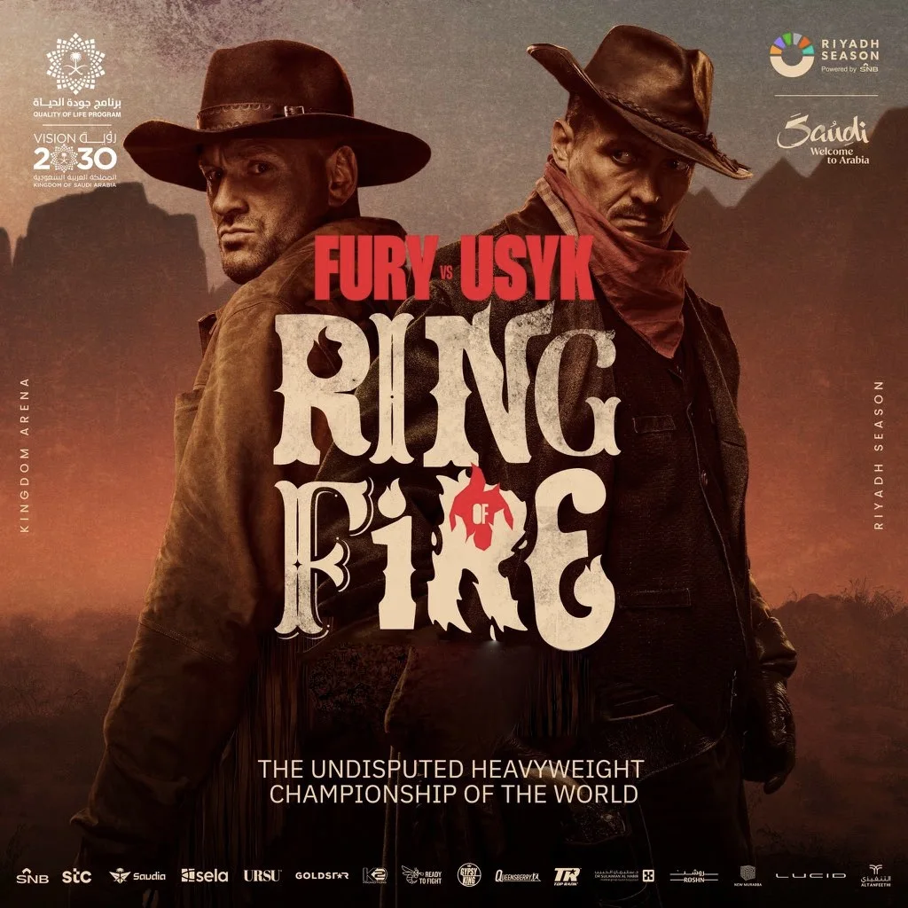Western-style Ring of Fire poster showing Tyson Fury and Oleksandr Usyk in cowboy hats.