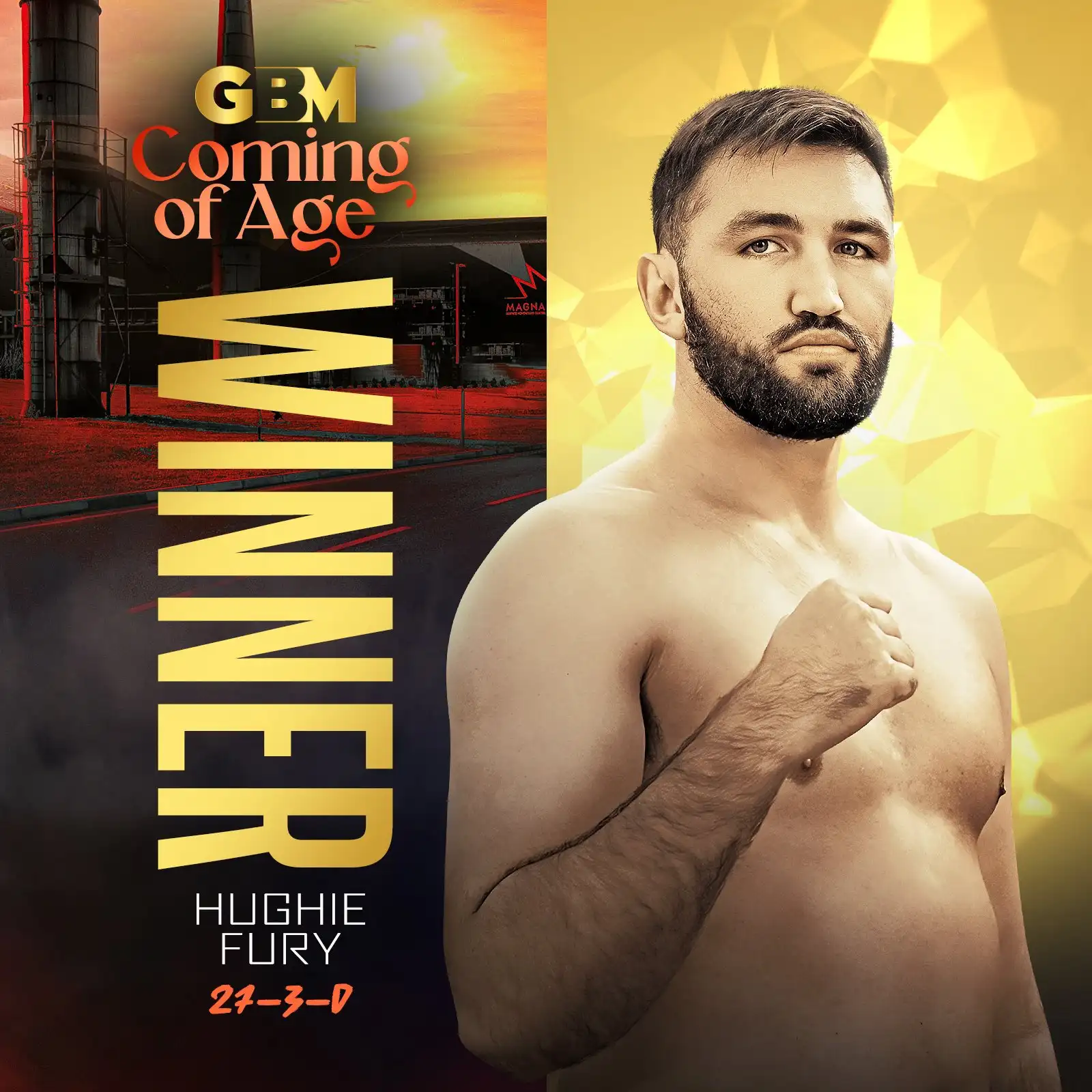 Hughie Fury posing with one fist raised on a Coming of Age winner graphic.