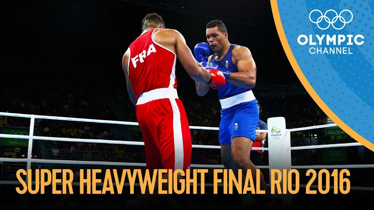 Tony Yoka in red and Joe Joyce in blue on an Olympic Channel graphic for the Rio 2016 super heavyweight final.