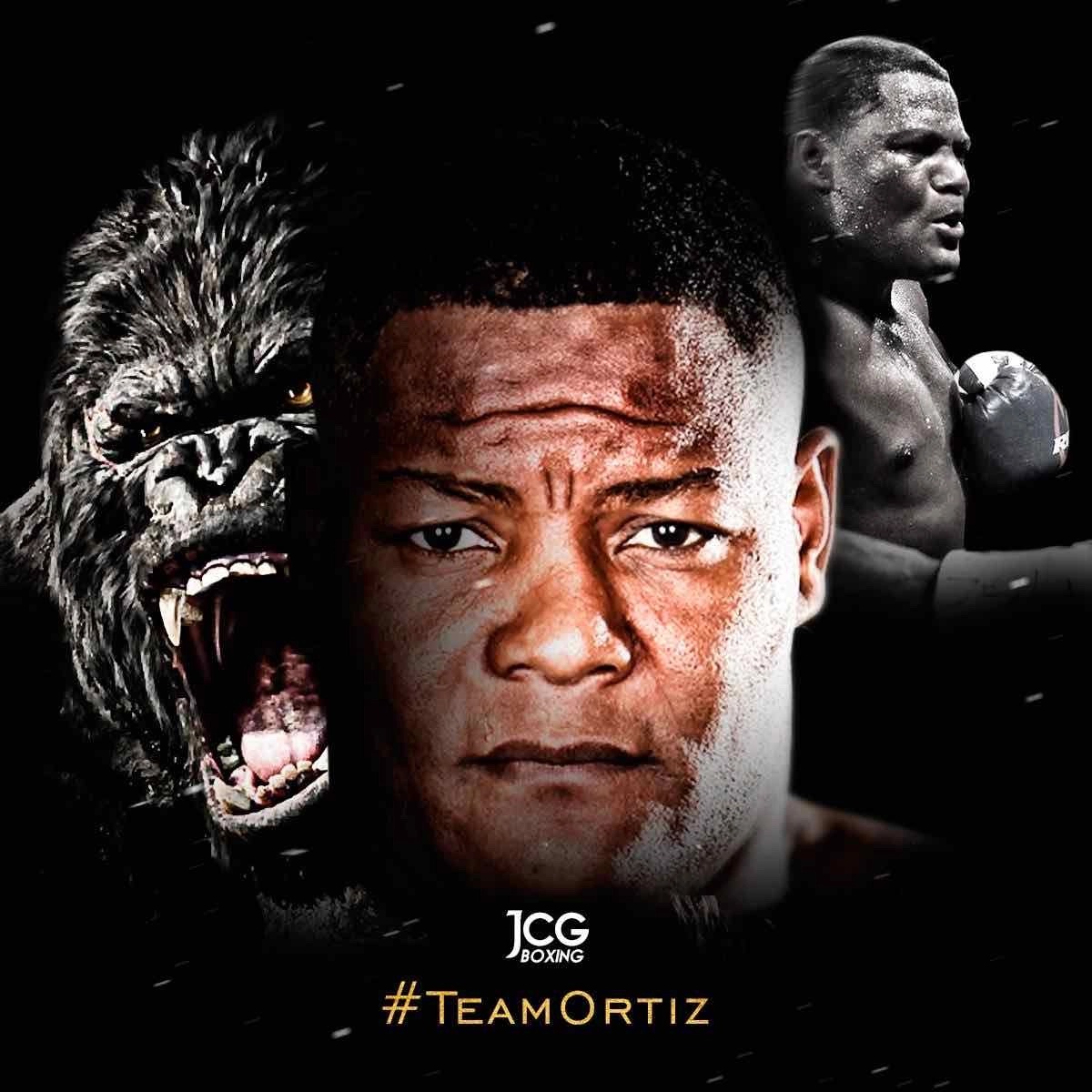 Luis Ortiz collage showing a central portrait, a boxing pose and a roaring gorilla with Team Ortiz lettering.