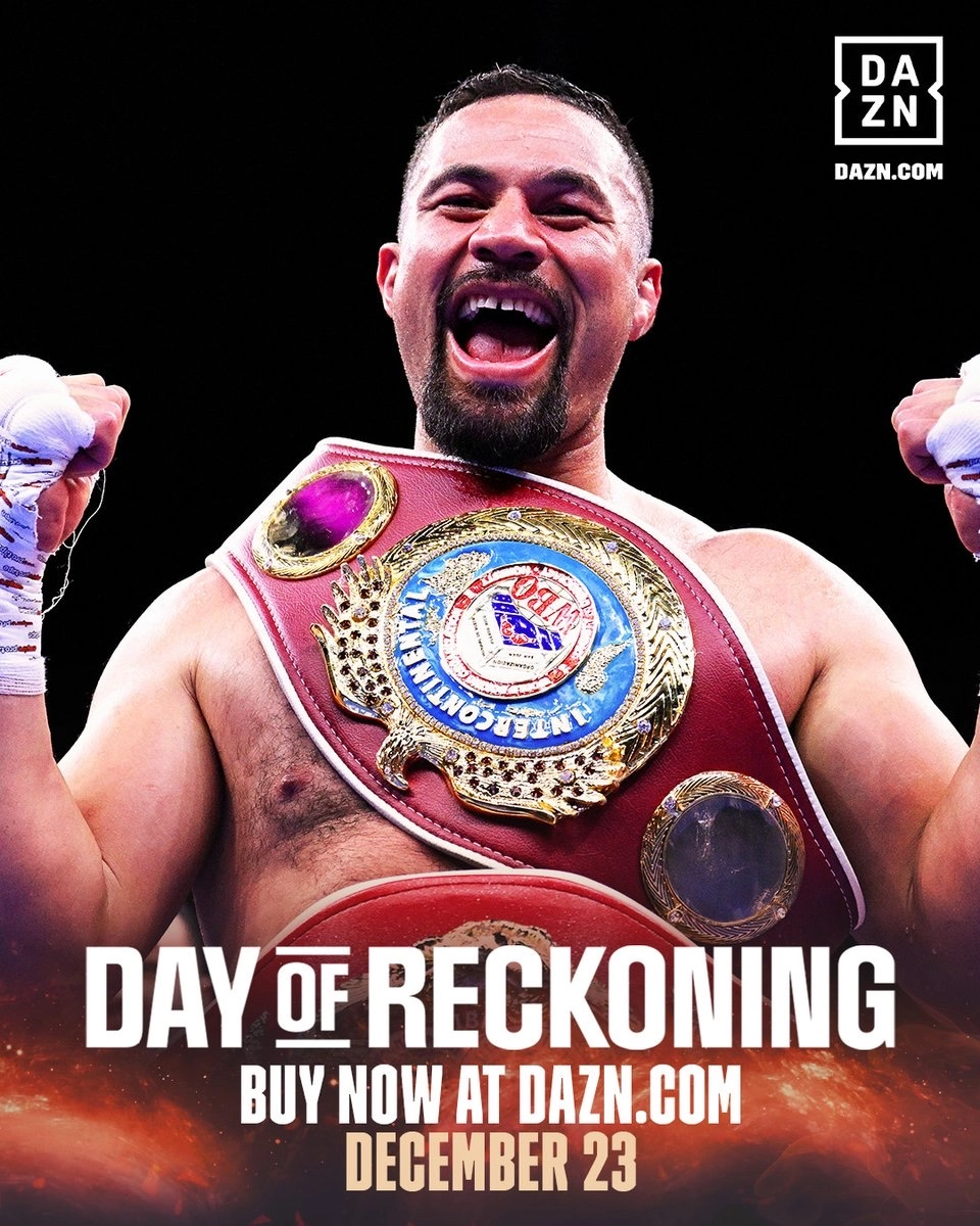 Joseph Parker raising his wrapped fists with a championship belt over his shoulder in a Day of Reckoning promotional graphic.