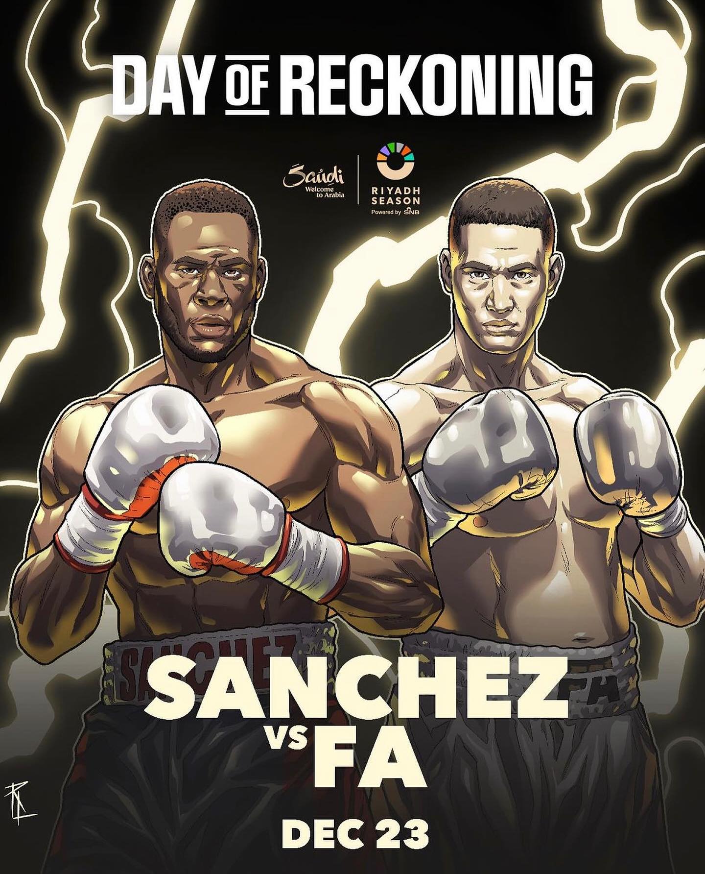 Illustrated Sanchez versus Fa Day of Reckoning poster showing two boxers with gloves raised and December 23 lettering.