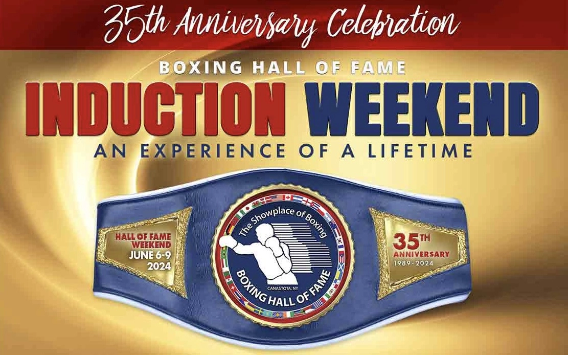Boxing Hall of Fame 35th anniversary induction weekend graphic showing a blue belt and June 6–9, 2024 dates.
