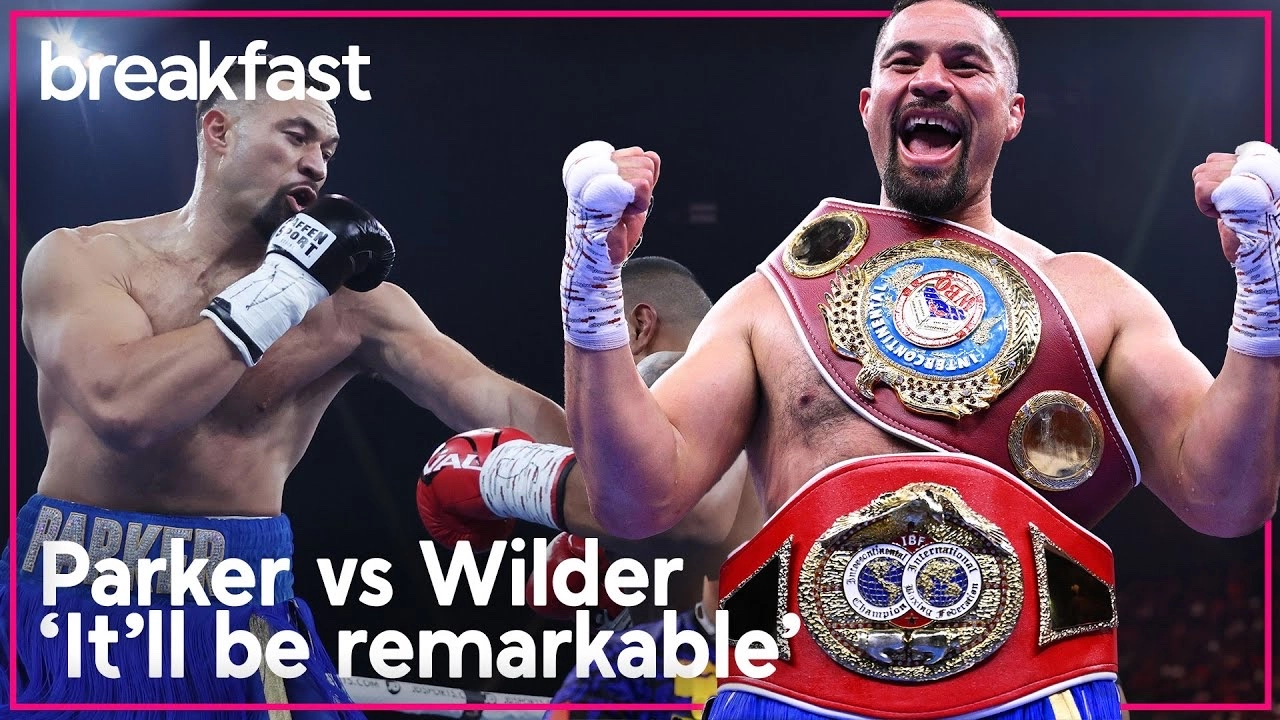 Joseph Parker boxing and celebrating with two championship belts in a TVNZ Breakfast graphic with Parker vs Wilder lettering.