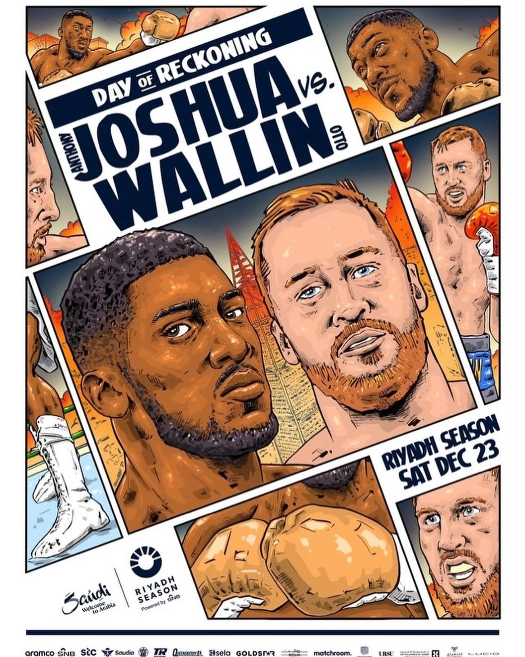 Comic-style Anthony Joshua versus Otto Wallin Day of Reckoning poster with illustrated boxing portraits and December 23 lettering.