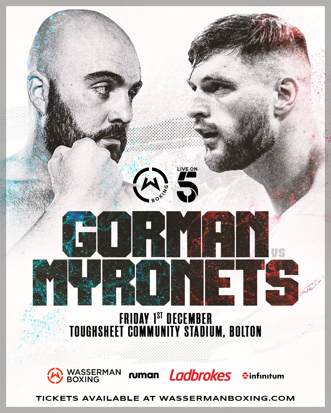 Nathan Gorman versus Bohdan Myronets promotional poster with both boxer portraits and December 1, Toughsheet Community Stadium, Bolton lettering.