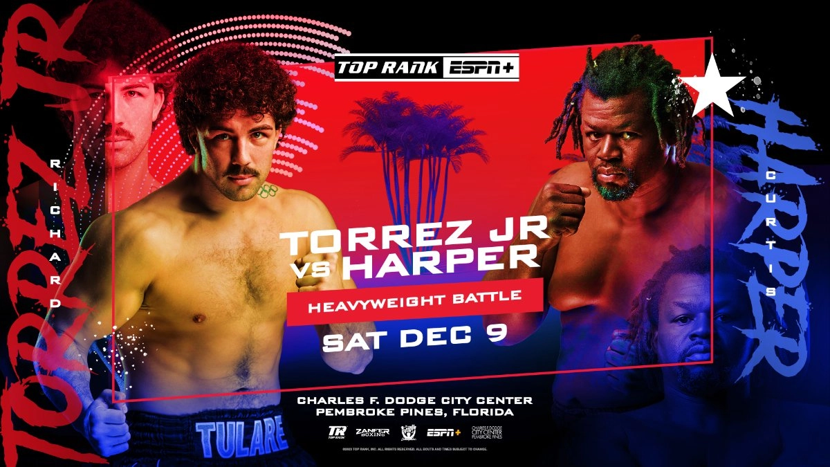 Richard Torrez Jr versus Curtis Harper promotional poster showing both boxers and December 9, Pembroke Pines, Florida lettering.