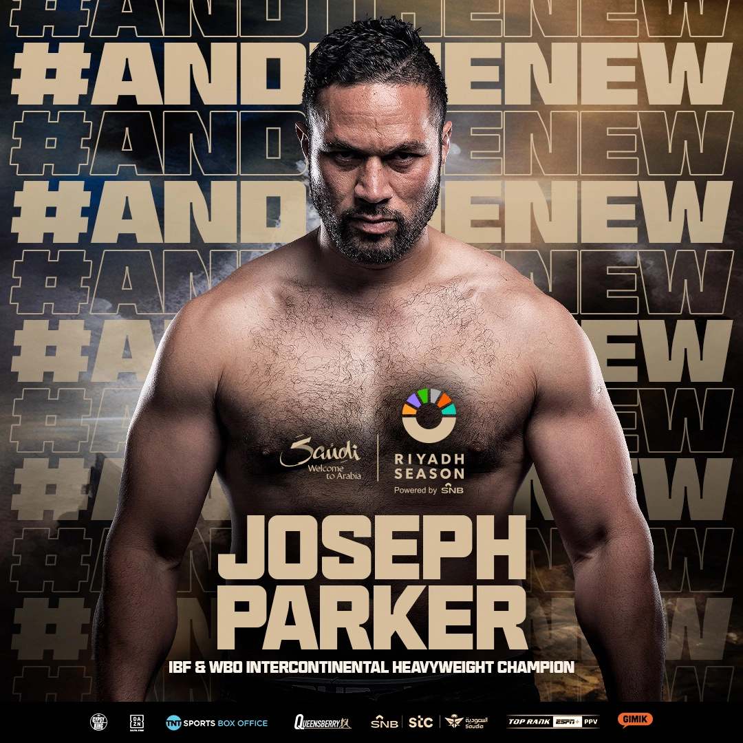 Joseph Parker promotional graphic with And New lettering and IBF and WBO Intercontinental heavyweight champion text.