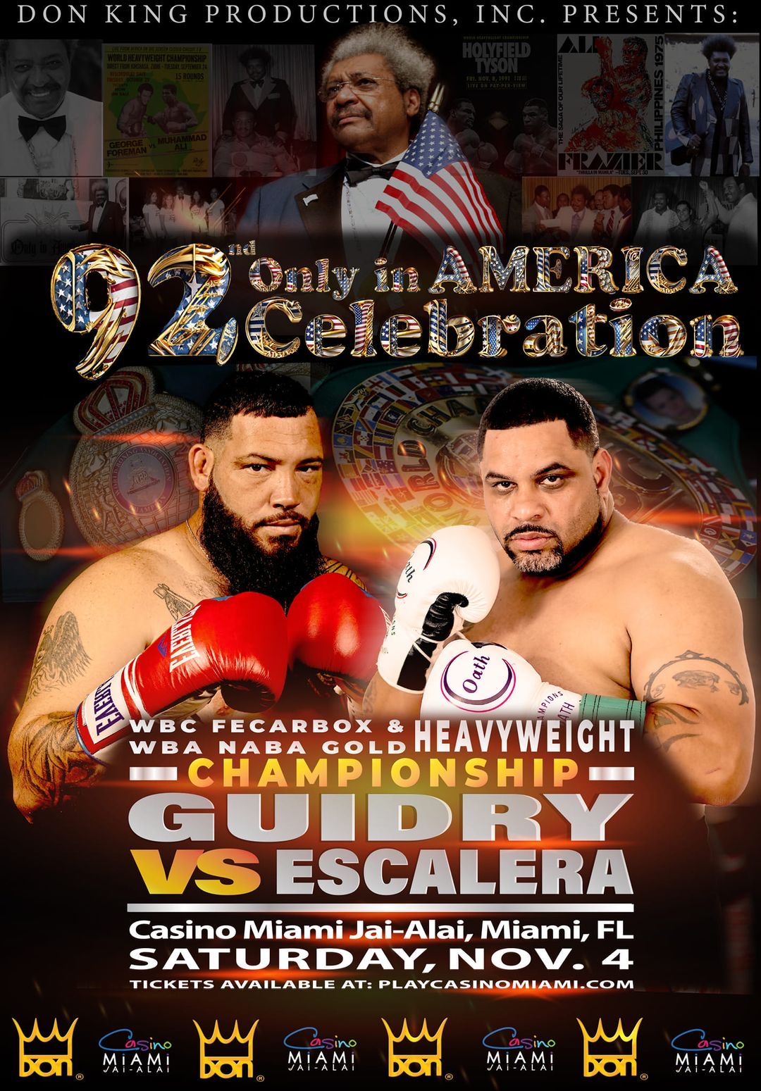 Jonathan Guidry versus Jesus Escalara promotional poster showing both boxers, Don King and November 4, Casino Miami Jai-Alai lettering.
