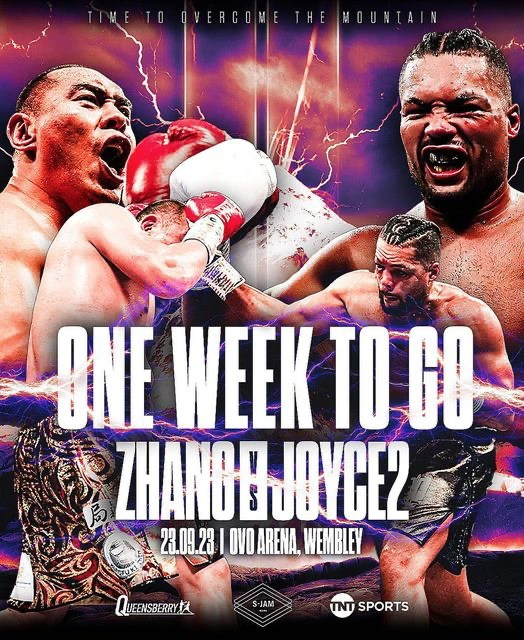 Zhang vs Joyce 2 montage with fighter portraits and boxing action above One Week to Go lettering and the date September 23, 2023 at OVO Arena, Wembley.