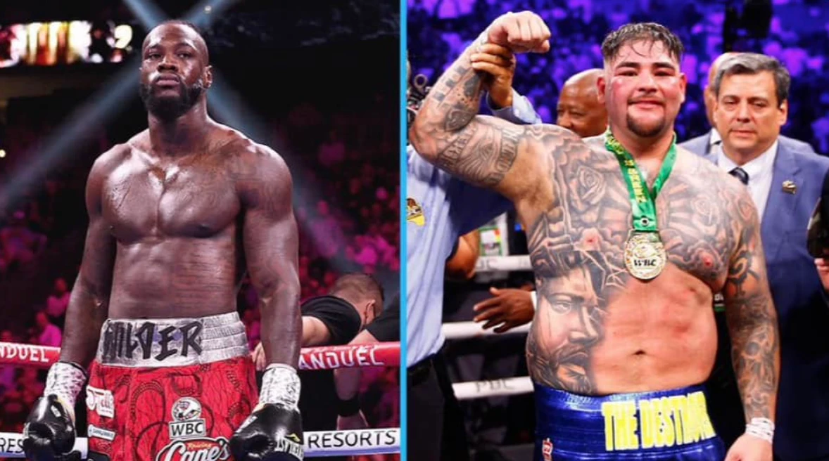 Side-by-side ring photographs of Deontay Wilder in red trunks and Andy Ruiz Jr in blue trunks with a medal and one arm raised.