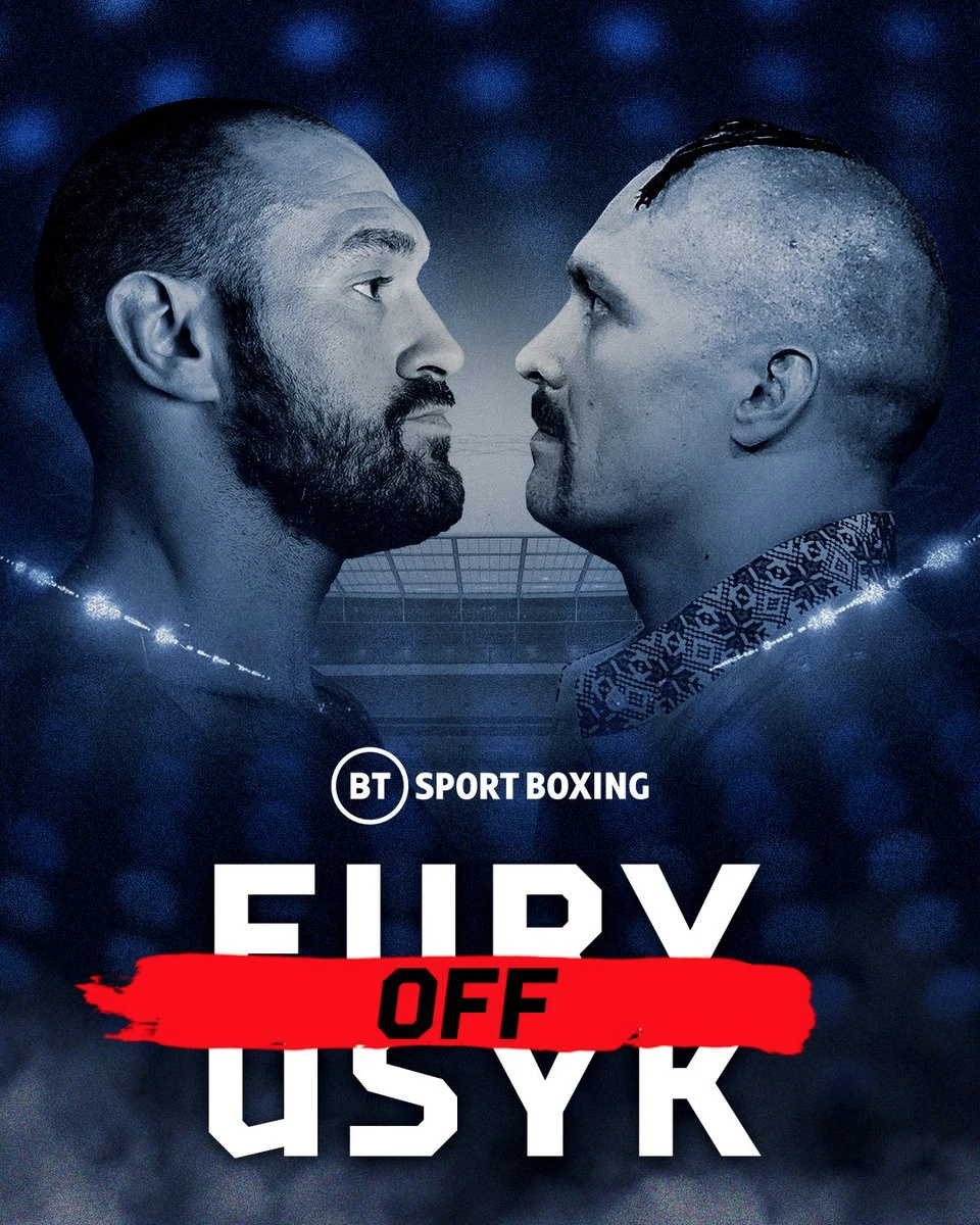 Blue-toned Fury vs Usyk graphic with facing portraits of both fighters and a red Off banner across their names.