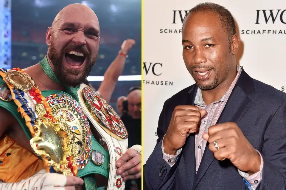 Side-by-side photographs of Tyson Fury wearing championship belts and Lennox Lewis in a suit with his fists raised.