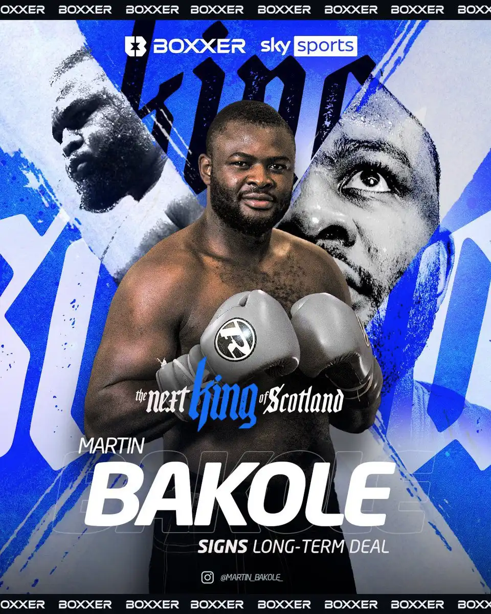 Martin Bakole promotional graphic showing him in grey boxing gloves, with BOXXER and Sky Sports branding and wording that he signs a long-term deal.