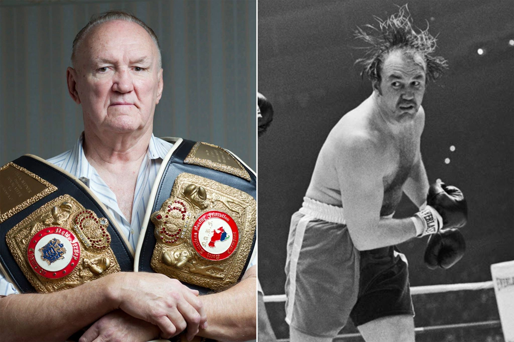 Side-by-side photographs of Chuck Wepner with boxing belts later in life and wearing boxing gloves during his career.