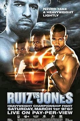 Promotional poster for John Ruiz versus Roy Jones Jr. for the heavyweight championship.