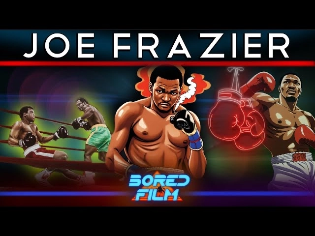 Joe Frazier video thumbnail combining an illustrated portrait, boxing gloves and fight photographs.