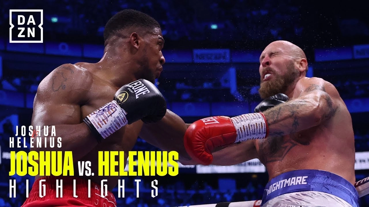 DAZN highlights thumbnail showing Anthony Joshua and Robert Helenius exchanging punches.