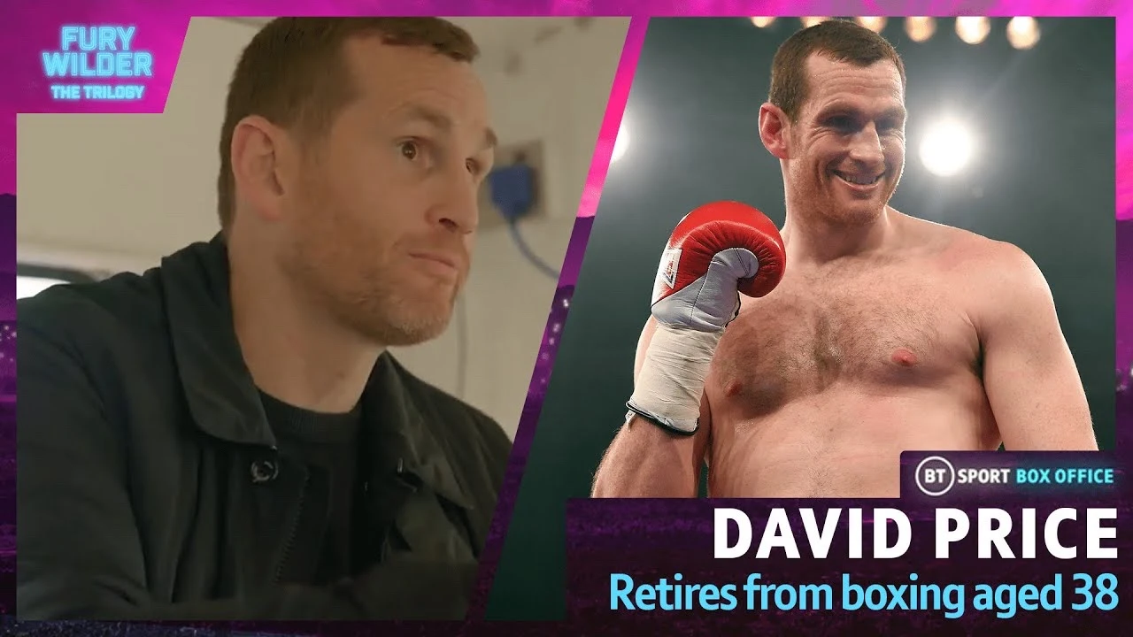 David Price retirement graphic featuring an interview and a photograph of him wearing boxing gloves.