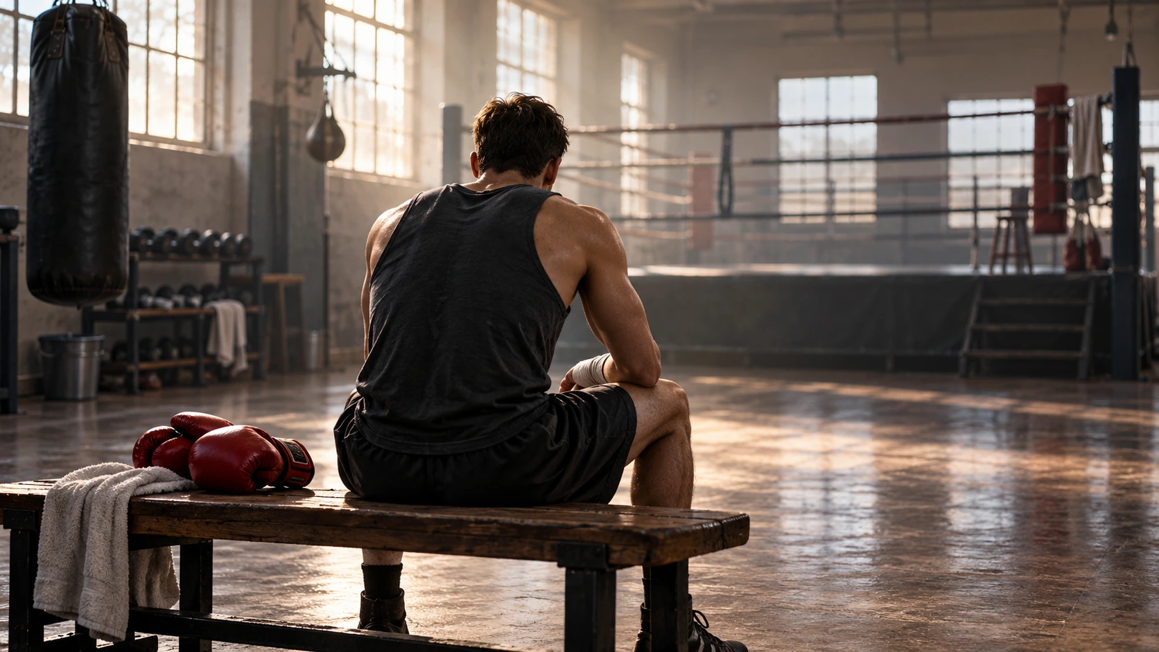 A boxer sits quietly in a gym beside his gloves between training sessions