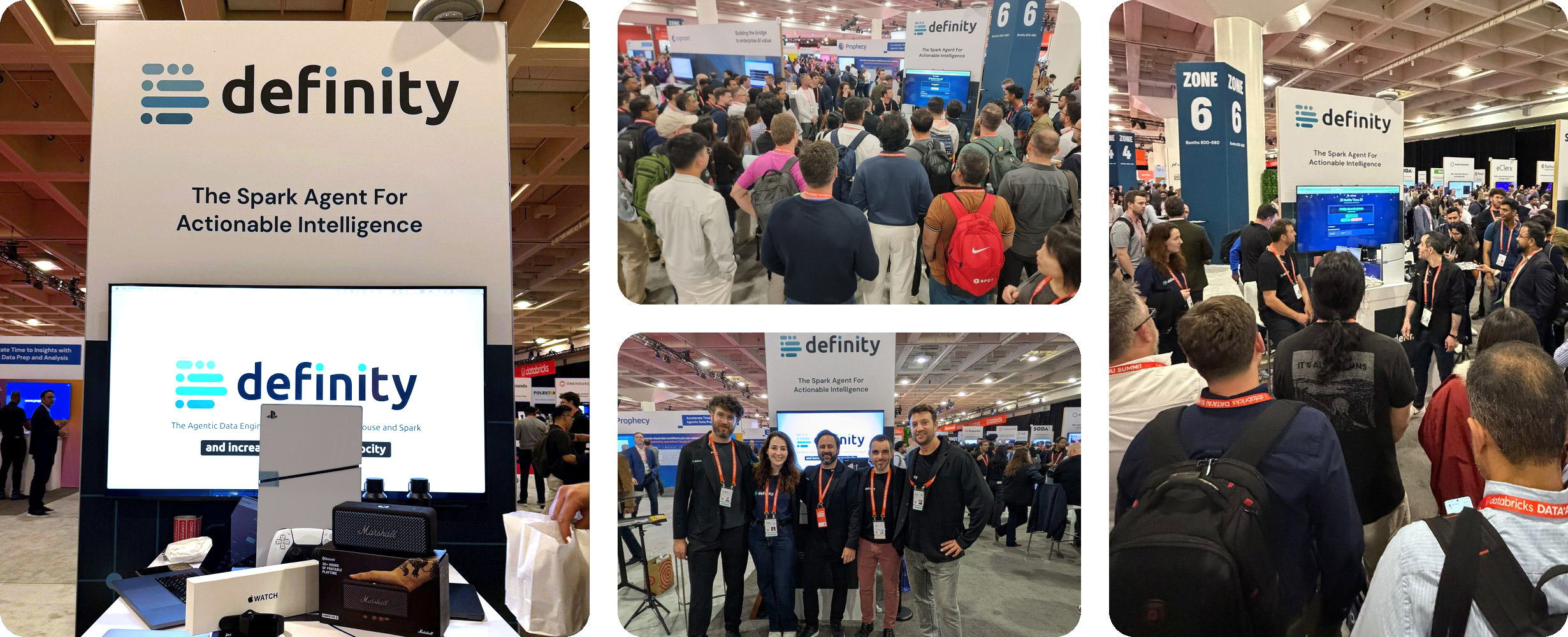 definity booth at Databricks Data + AI Summit: the booth display, crowds at the raffle, and the definity team