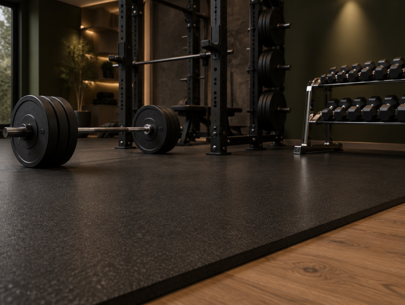 Strength floor of thick black rolled rubber with a loaded barbell, half racks and a dumbbell rack, meeting an oak floor at a clean edge