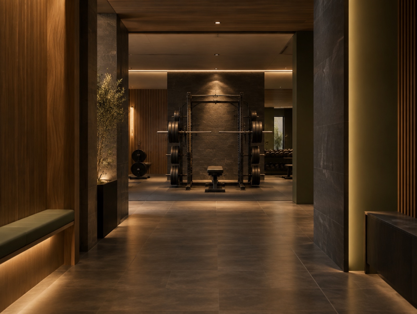 Warmly lit timber and stone corridor leading straight to a spotlit power rack on the training floor