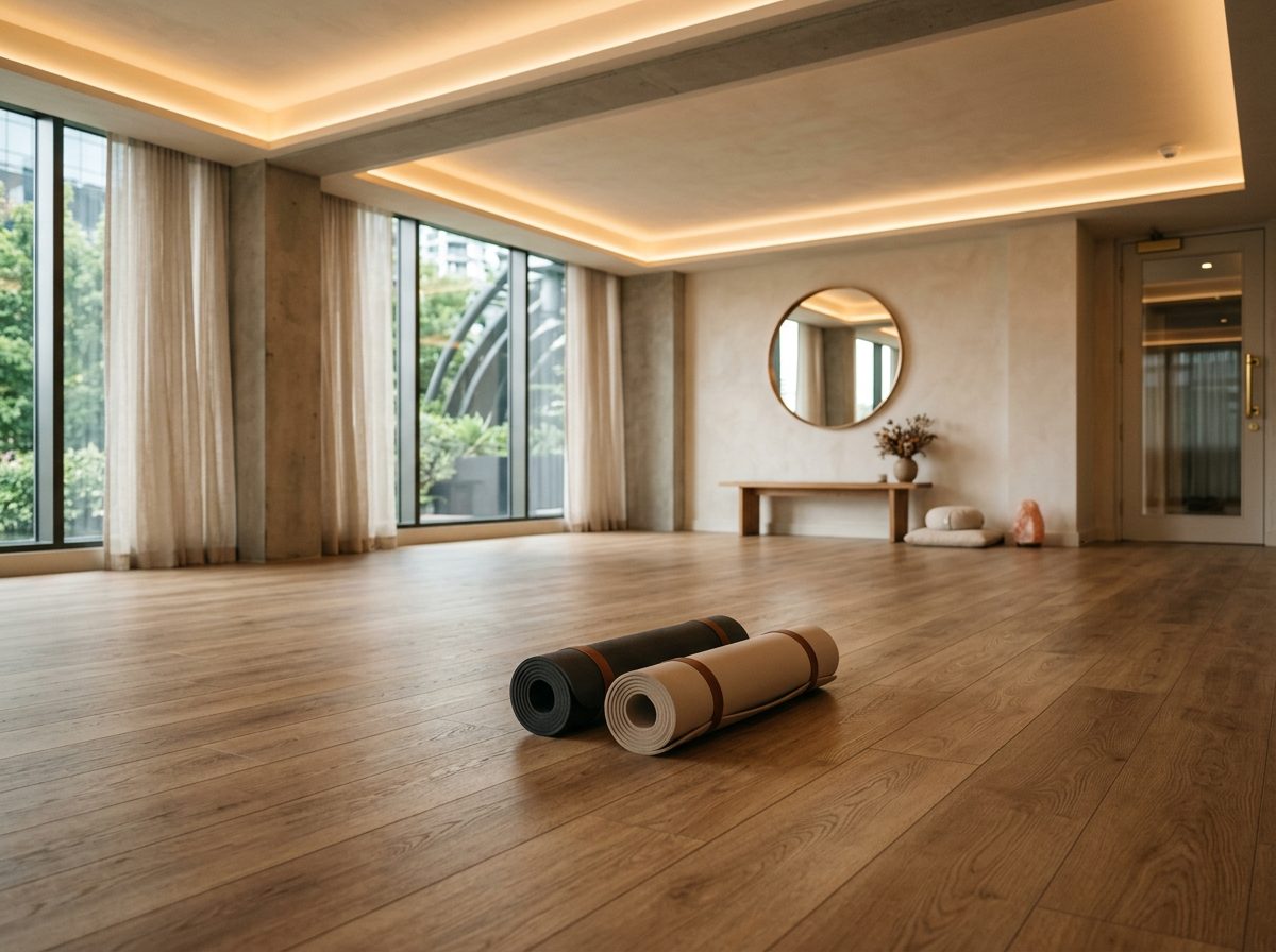 A boutique yoga studio with a wood-look vinyl tile floor