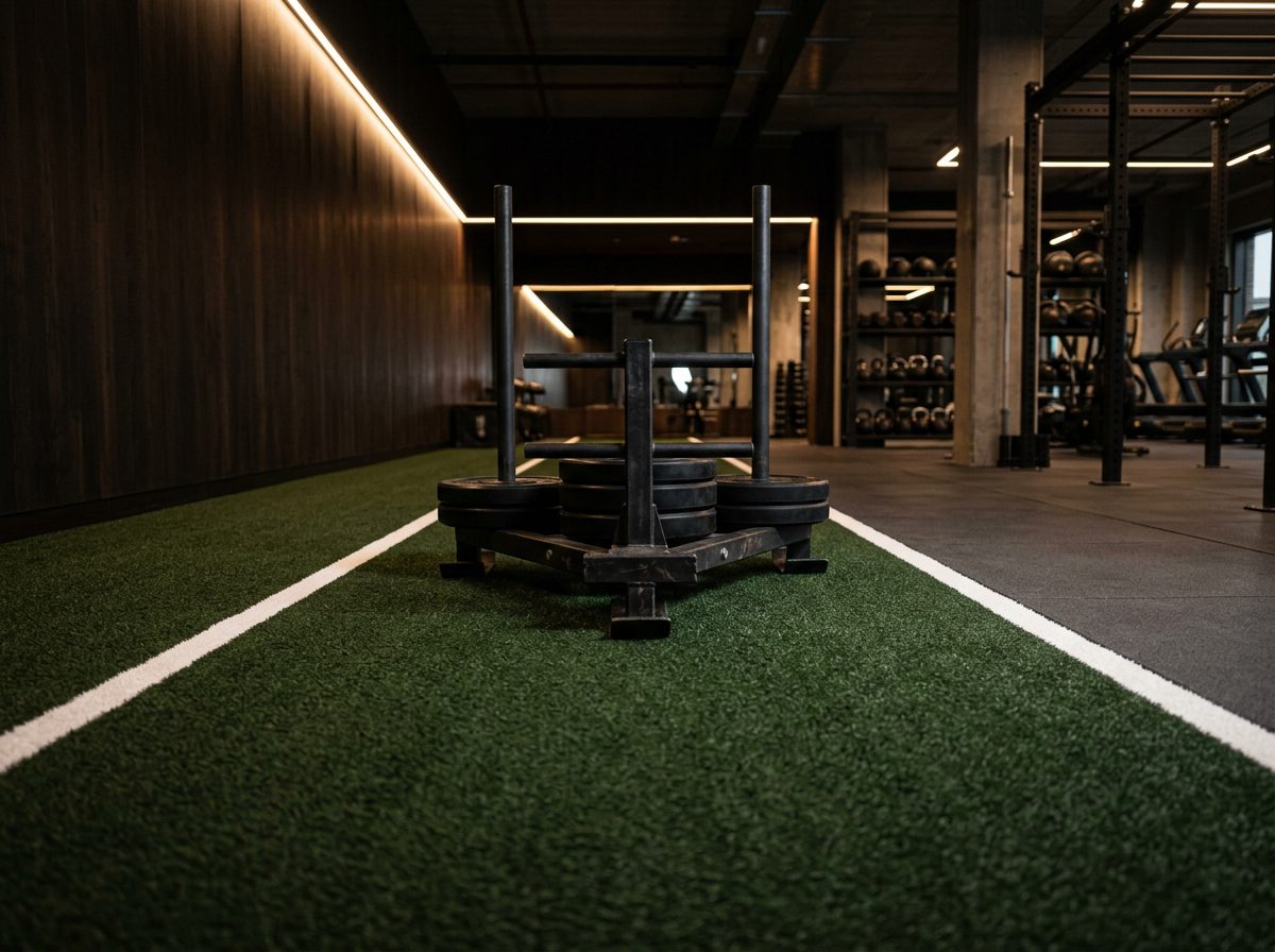 A dark green turf lane with a steel push sled