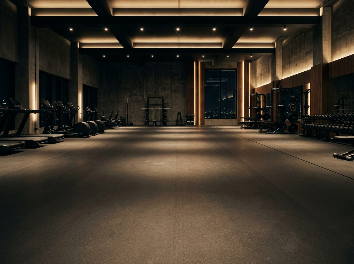 A seamless rolled rubber floor across an empty luxury gym