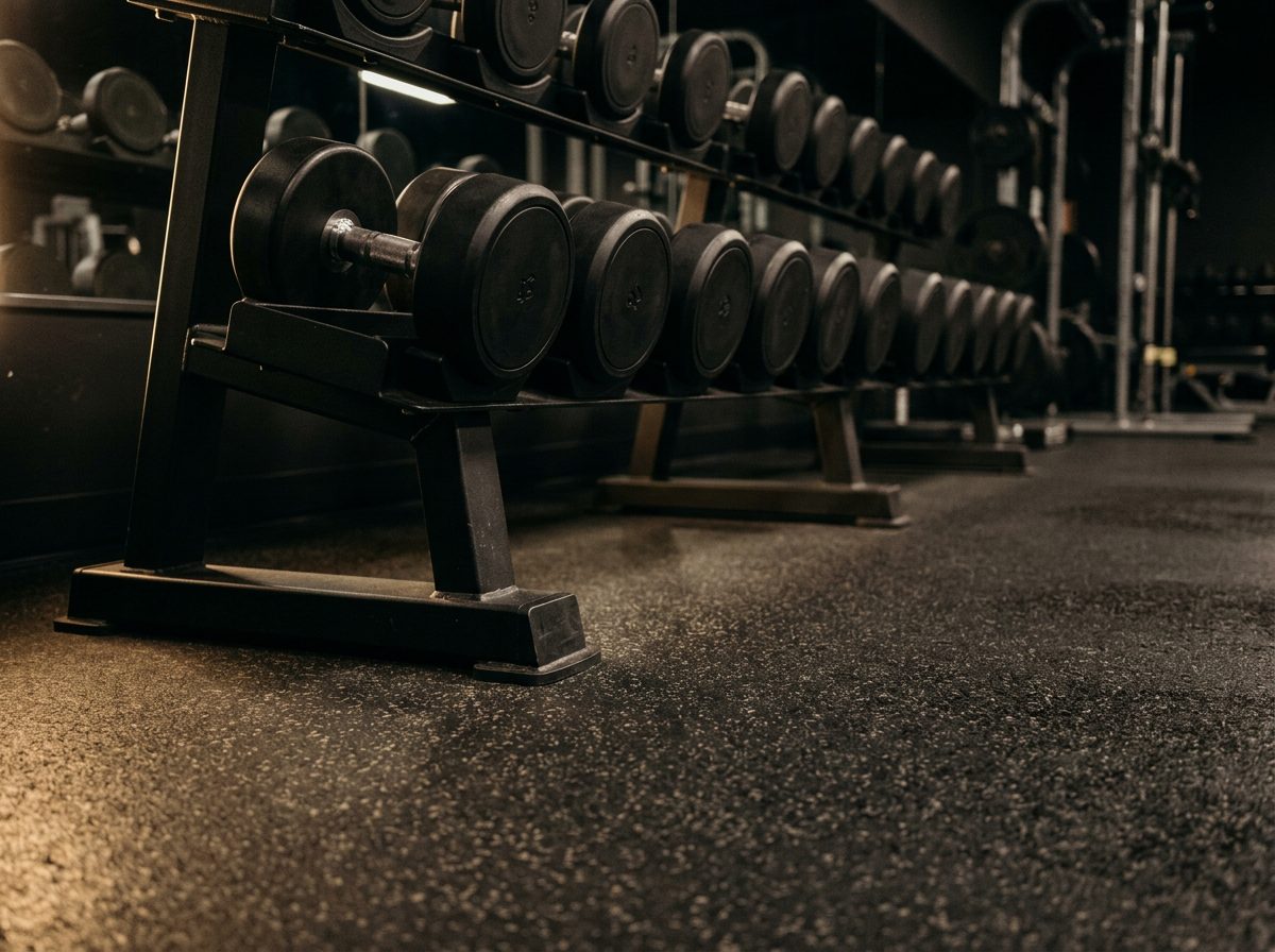 Black commercial rubber flooring under a rack of urethane dumbbells