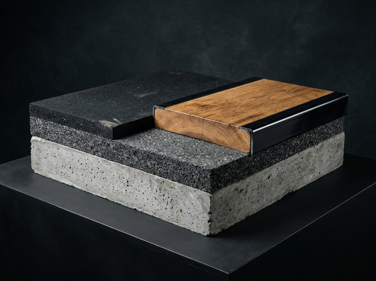 A cutaway of a floor build-up: concrete slab, shock pad, rubber and an oak platform top