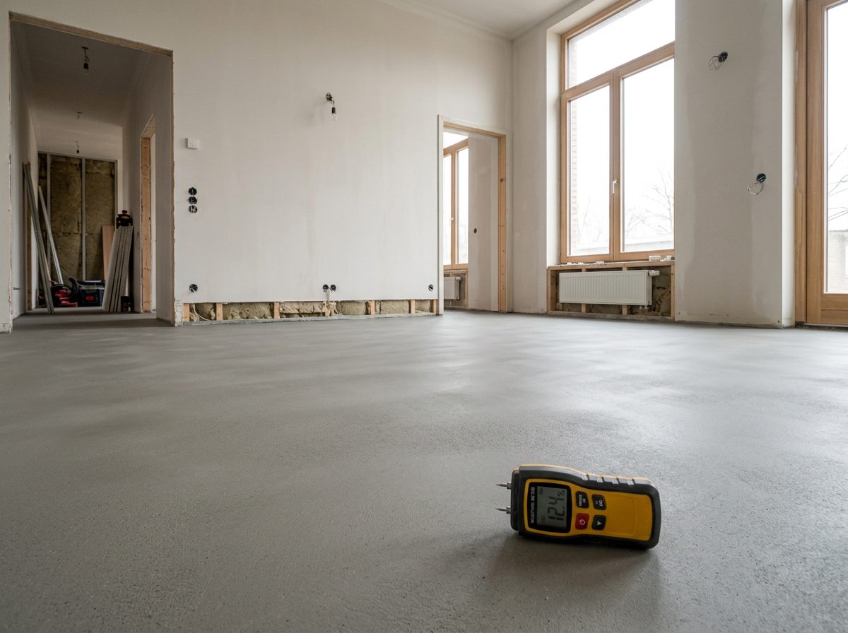 A leveled concrete subfloor with a moisture meter on it