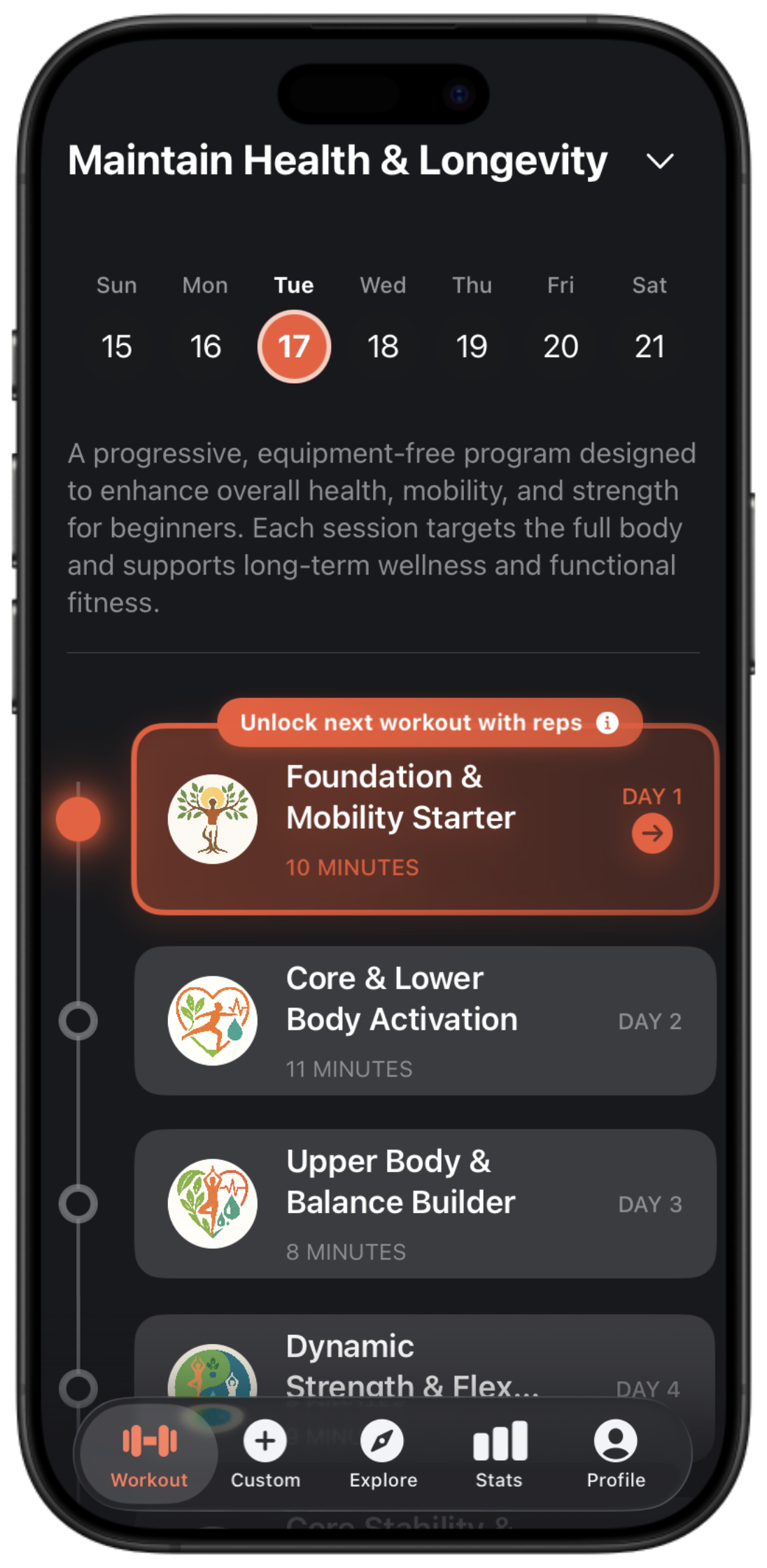 Workout Homepage from Firefly Trainer on iOS