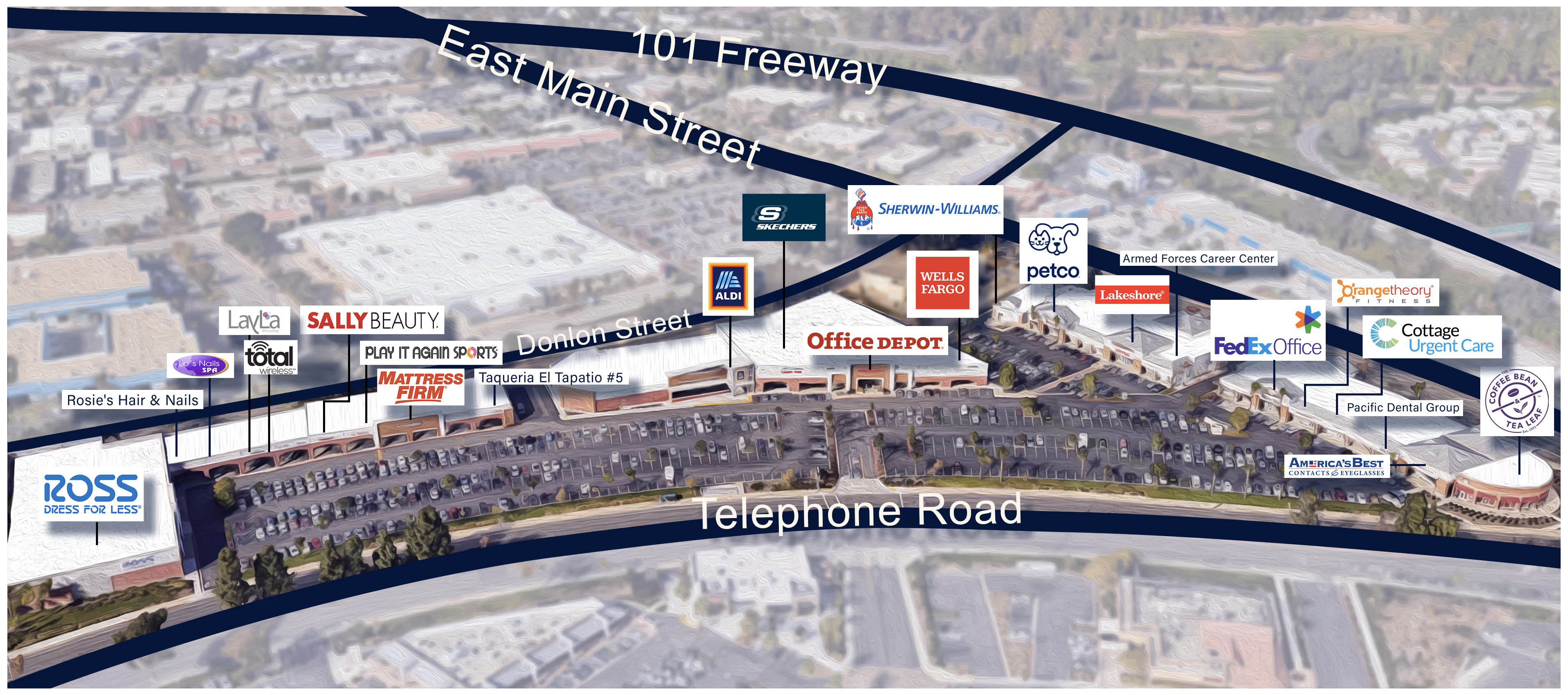 Aerial view of a shopping center map showing store locations along Telephone Road and Donlon Street, near 101 Freeway and East Main Street, including Ross Dress for Less, Sally Beauty, Mattress Firm, Office Depot, Petco, FedEx Office, and Coffee Bean & Tea Leaf.