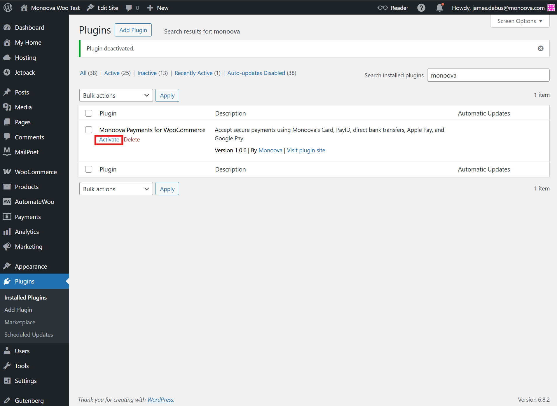 WooCommerce Monoova Plugin installationn