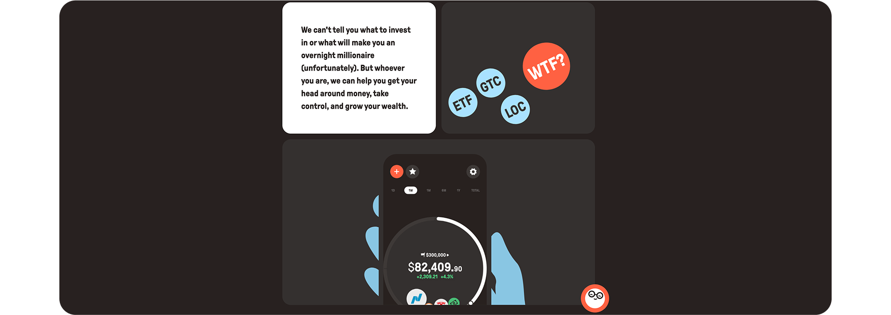 Text about investing and growing wealth with icons ETF, GTC, LOC, WTF and a phone screen showing a portfolio.