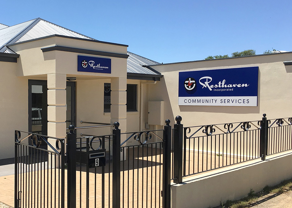 Office entrance Resthaven signs