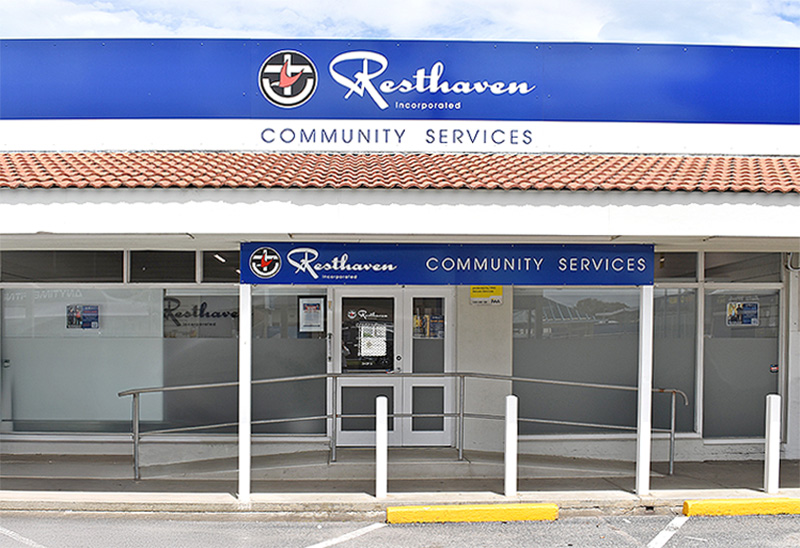 Front of services office with Resthaven sign