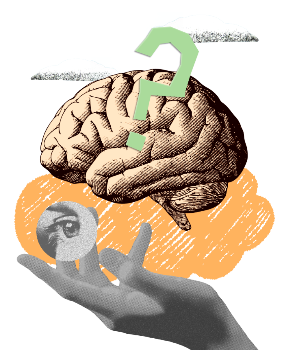 An illustration of a brain with a green question mark above it. Below, a hand holds a reflective sphere with an eye inside. The background features orange cloud shapes and a sky patch with white clouds.
