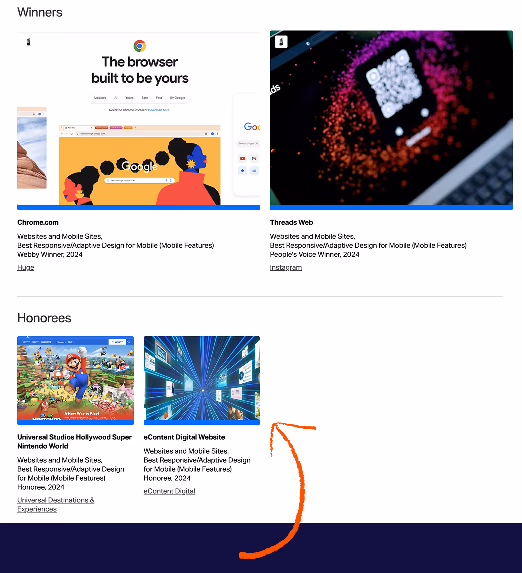 Webpage screen capture of Webby Honorees eContent digital
